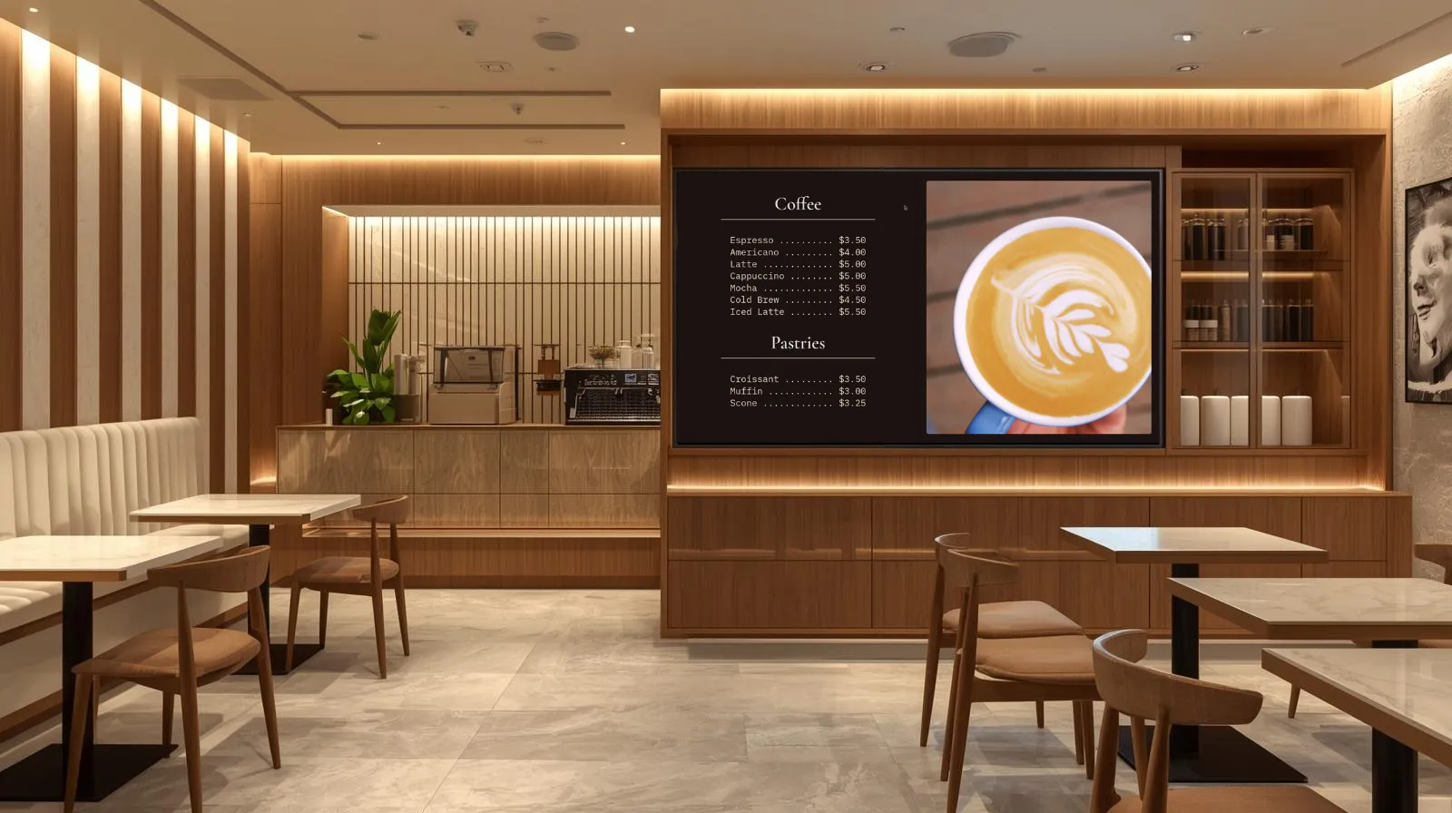 A café menu board on the wall listing coffee prices beside a photo of a fresh latte, driven by Big Beautiful Screens.