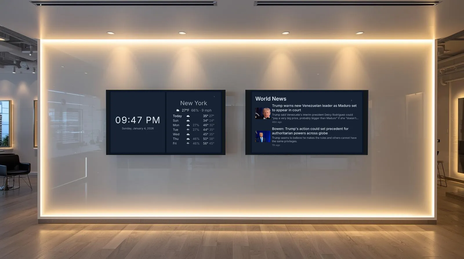 An office lobby with two wall screens showing the time, a New York weather forecast, and live world-news headlines.